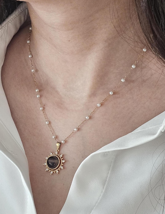 18K Gold Filled Vintage Black Necklace, Vintage Jewelry, Gold Necklace, Vintage Necklace, Best Gift Idea, Gift For Her, Gift For Mom