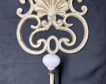 Vintage Cast Iron Wall Hook with Ceramic Knob, Ornate Scroll Design Wall Decor