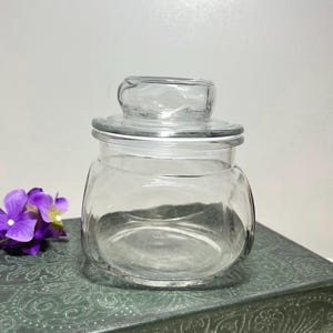 May include: A clear glass jar with a rounded body and a matching glass lid featuring a knob handle. The jar has a wide opening and a smooth, transparent surface, designed for storage purposes. The glass is colorless and reflects light.
