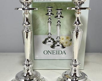 Vintage Oneida Chippendale Candlesticks, Set of 2 Silverplate Taper Candleholders, 11-1/4” H, Elegant Dining