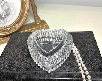 Vintage Crystal Jewelry Box, Heart Shaped Trinket Dish