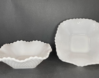 Vintage Hazel Atlas Square Milk Glass Candy Dishes, Diamond Hobnail Ruffled Edge Set