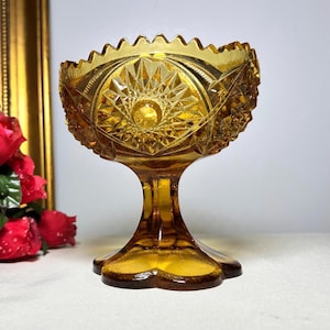 May include: Amber-colored, vintage glass pedestal bowl with a starburst design in the center. The bowl has a scalloped rim and sits on a decorative base. The glass is a warm, golden hue, perfect for displaying small items.