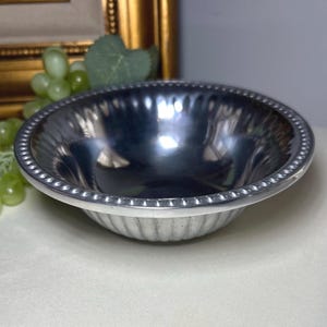 Op de afbeelding: Een kleine, ronde, zilverkleurige kom met een kralenrand en een gegroefde buitenkant. De binnenkant van de kom is glanzend en reflecterend. De achtergrond bevat een goudkleurige lijst en groene druiven.