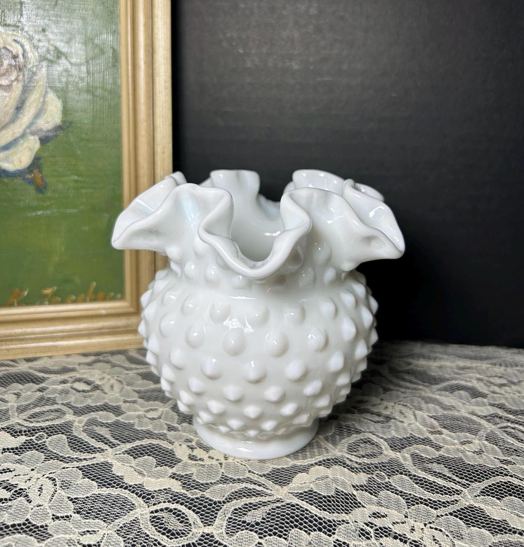 Vintage Fenton Milk Glass Hobnail Vase, Ruffled Crimped Rose Bowl Vase ...