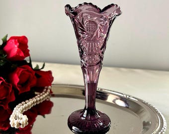 Mid Century Amethyst Glass Trumpet Vase, Whirling Star Bud Vase, Vintage Home Decor, 6"
