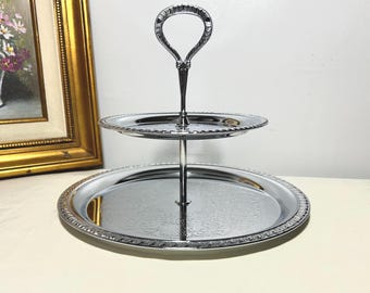 Vintage Irvinware Two Tier Server, Ornate Twisted Rope Rim, Etched Chrome Dessert Stand
