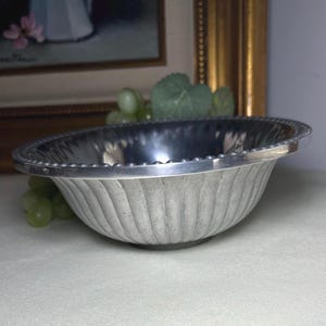 Op de afbeelding: Een zilverkleurige, ovale kom met een gegroefde buitenkant en een kralenrand. De kom staat op een wit oppervlak. De achtergrond omvat een ingelijst schilderij en groene druiven.