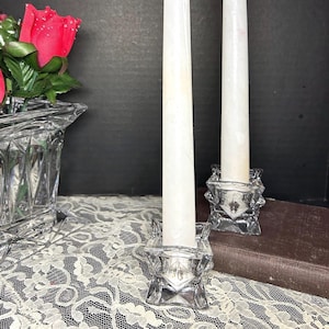 Vintage Prism Clear Glass Candleholders, Square Stackable Candlesticks, Set of 2