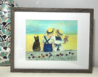 Faux Wood Framed Watercolor, Edwardian Children, Country Wall Art