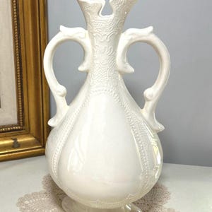 Vintage Goodsell Mould Co Ceramic Vase, Victorian Ivory Double Handle Split Neck