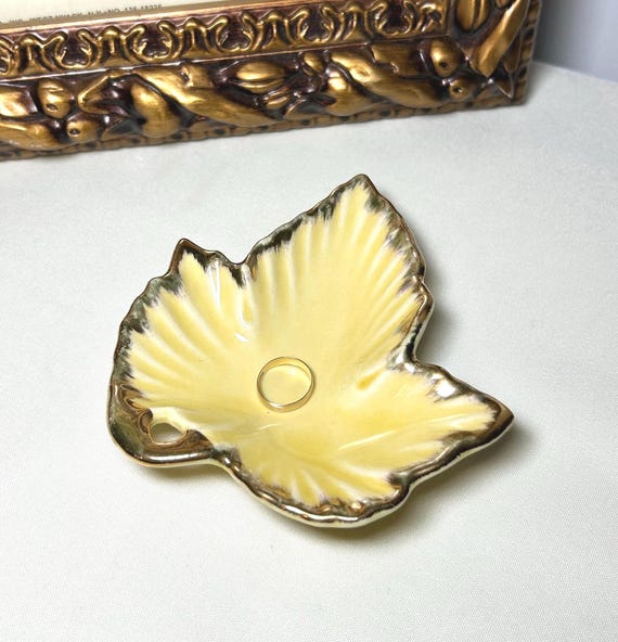 Vintage Porcelain Ring Dish, Leaf Shaped Ceramic Vanity Dish, Tea Bag Holder