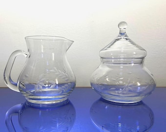 Vintage Romanian Hand Blown Glass Creamer & Sugar Bowl with Lid, Floral Etched Barware