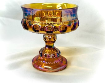 Vintage Indiana Glass Amber Carnival Glass Kings Crown Thumbprint Pattern Compote / Candy Dish