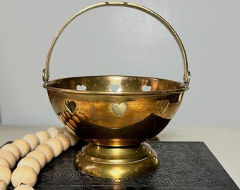 Vintage Solid Brass Basket with Folding Handle, Round Brass Trinket Dish, Tabletop Decor