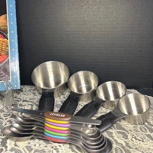 Brushed Stainless Steel Measuring Cup and Spoon Set: Magnetic Nesting Spoons, 12-Piece