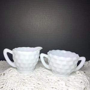 Vintage Milk Glass Creamer and Sugar Bowl Set, Cubist Pattern c.1960