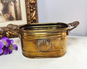 Vintage Solid Brass Shell Jardiniere Planter; Tabletop Decor, Nautical Home Accent
