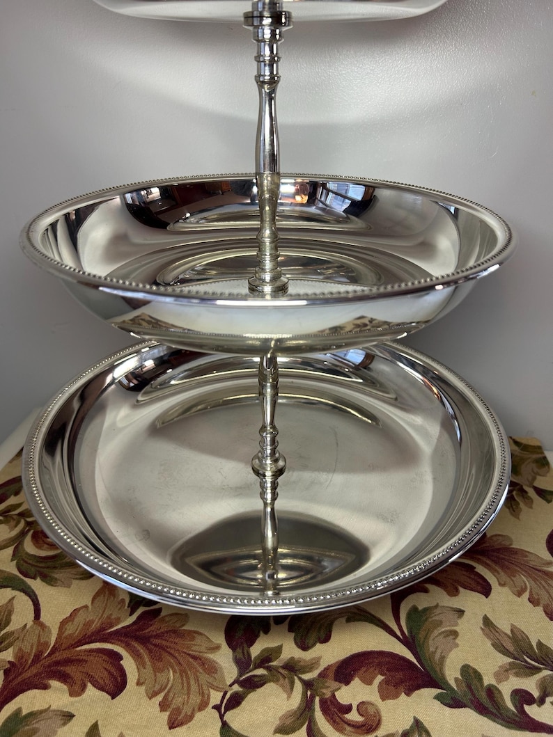 Vintage Godinger Silver Plate Four Tier Server: String of Pearls Dessert/Appetizers Stand