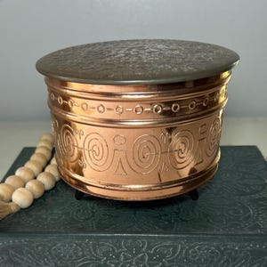 Vintage West Germany Copper Container, Geometric Metal Sewing Tin, Copper Footed Floral Pot