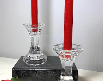 Vintage Lead Crystal Candlestick Holders: Fauceted Octagon Pillar Candleholders, 5-1/2"