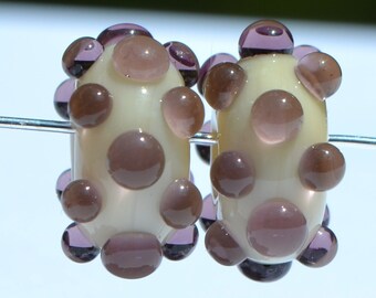 Pair of Purple and tan bumpy Lampwork Glass Beads