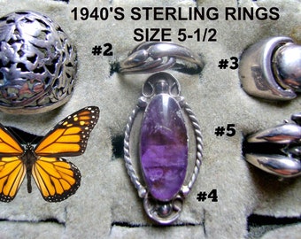 Vintage 1940s Sterling Silver Ring: Charoite Cabochon, Size 5.5