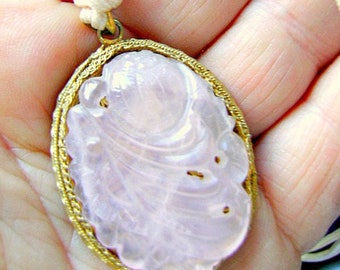 ROSE QUARTZ PENDANT Chinese Knot Sale Vintage Light Pink Creamy Brass Filigree