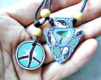 PENDANT PEACE FIMO Necklace Yin yang Cross Hippy Retro 1970's Surfer Clay bx