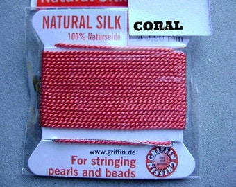 SILK Thread CORAL RED Griffin Needle Choose Size 2 Meter Quality Pearl String German