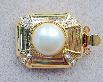 Clasp VINTAGE Art Deco 2 Strand Pearl Rhinestone Box Gold Faceted