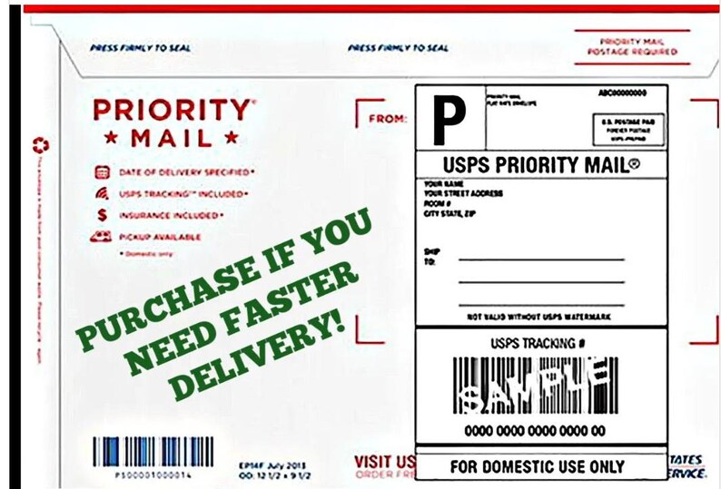 May include: White USPS Priority Mail envelope with a red and blue border. The envelope has a label with the text "USPS Priority Mail" and a barcode. The text "PURCHASE IF YOU NEED FASTER DELIVERY!" is written in green on the envelope.