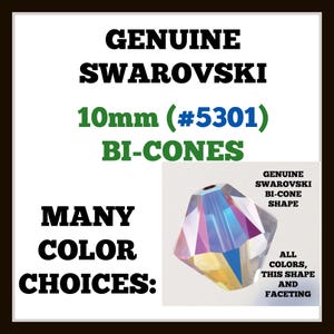 Könnte beinhalten: Echte Swarovski 10mm #5301 Bikonen-Perlen mit irisierender Facettierung. Text: GENUINE SWARSWKI 10mm (#5301) BI-CONES MANY COLOR CHOICES: GENUINE SWAROVSKI BI-CONE SHAPE ALL COLORS, THIS SHAPE AND FACETING. Die Perle zeigt eine mehrfarbige Oberfläche.