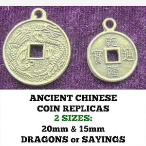 Réplica de moneda china de latón para pendientes: dragón o escritura (15 mm x 20 mm)