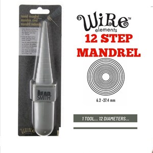 May include: A white 12-step mandrel tool for jewelry making, with a gray plastic handle and the text "Bead Smith" printed on it. The tool is labeled "Wire elements 12 Step Mandrel" and "6.2-27.4 mm 1 TOOL... 12 DIAMETERS..."