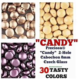 Puede incluir: Primer plano de cuentas en oro, crema y morado. Las cuentas son de estilo cabujón, con dos agujeros. El texto dice "CANDY" Preciosa "Candy" 2-Hole Cabochon 8mm Czech Glass. 30 COLORES SABROSOS.