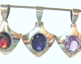 PENDANT Amethyst GARNET or Iolite STERLING Silver Faceted Cabochon