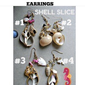 May include: Four pairs of shell slice earrings with gold accents and various charms. The earrings are numbered 1 through 4.