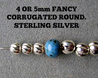 Beads STERLING SILVER FANCY Corrugated Round 4mm 5mm