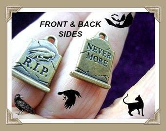 PENDANT EARRING The Raven Gravestone Edger Allan Poe, R.I.P, Never More Goth Pewter Gold Antiqued Charm Morbid LOC-55-30