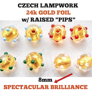 Lampwork Czech Glass Beads: 24k Gold Lined 4 Colors Dots (8mm Pair)