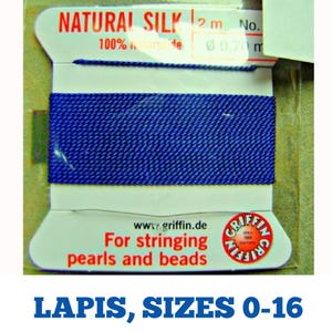 May include: A spool of 2 meters of natural silk thread in a deep blue color, labeled "NATURAL SILK" and "LAPIS, SIZES 0-16". The thread is for stringing pearls and beads.