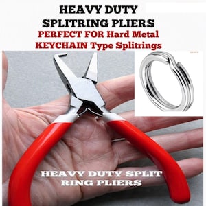 May include: Heavy duty split ring pliers with red handles and a silver metal finish. The tool features a specialized hooked tip for opening metal rings. Text on the image reads: HEAVY DUTY SPLITRING PLIERS PERFECT FOR Hard Metal KEYCHAIN Type Splitrings.