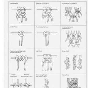 Puede incluir: Una p&aacute;gina de instrucciones blanca titulada Basic Instructions con dibujos de l&iacute;neas negras de nudos de macram&eacute;. La cuadr&iacute;cula muestra doce t&eacute;cnicas de nudos distintas, incluidos nudos cuadrados, nudos de cabeza de alondra y nudos de baya.
