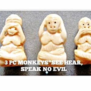 May include: Three small, white, carved monkey figurines. The monkeys are in a row, each covering a different part of their face. The first monkey covers its eyes, the second covers its ears, and the third covers its mouth. The text "3 PC MONKEYS"SEE HEAR, SPEAK NO EVIL" is below the monkeys.