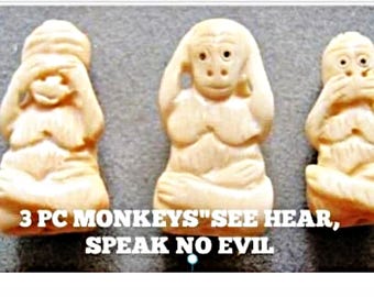 MONKEY Pendants Bone See Hear Speak No Evil 3 pieces