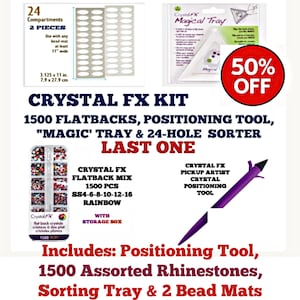 May include: Crystal FX kit containing 1500 rainbow flatback crystals in a storage box, a purple positioning tool, a triangular sorting tray, and two bead mats with 24 compartments each, measuring 3.125 inches by 11 inches for crafting projects.