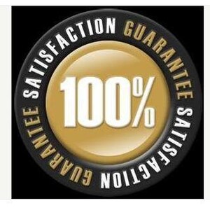 May include: A black and gold circle with the text "100% Satisfaction Guarantee" repeated twice around the circle.