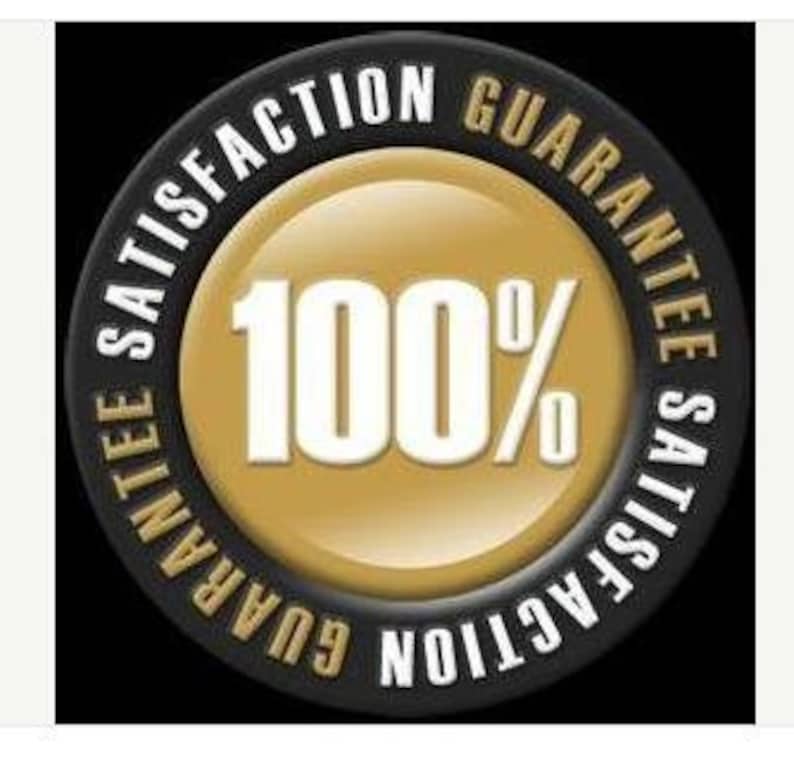 May include: A black and gold circle with the text "100% Satisfaction Guarantee" repeated twice around the circle.