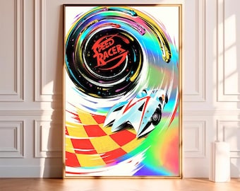 May include: A vertical wall art print featuring a stylized Speed Racer graphic. The design displays a white race car speeding over a red and yellow checkered track, with a swirling black vortex background containing the red text Speed Racer.